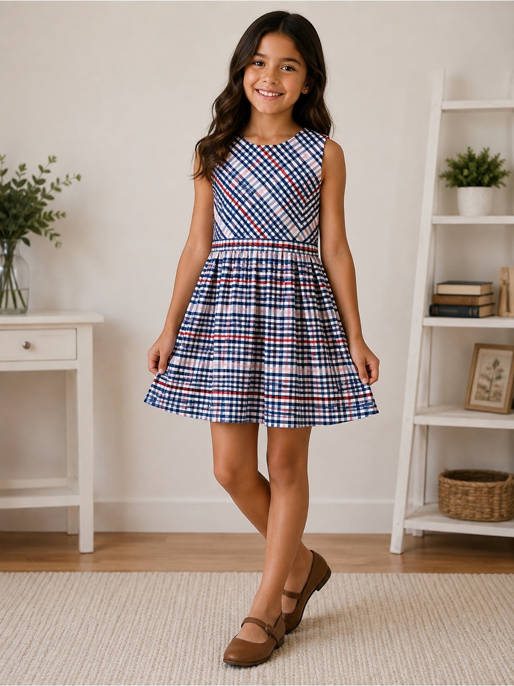 Brooks Brothers Girls Plaid Sleeveless Cotton Preppy A-Line Dress Navy Red